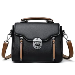 Retro black and brown leather crossbody handbag with silver swivel lock for women