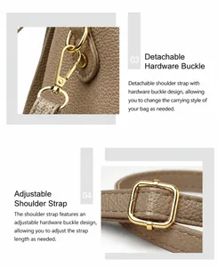 Dettaglio borsa in morbida pelle marrone con fibbie metalliche dorate rimovibili