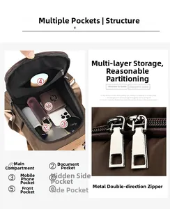Detailed interior of nylon backpack showing multi-pocket storage and hardware zippers