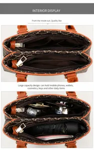 Detailansicht der Innenausstattung einer braunen Handtasche mit drei großen Fächern
