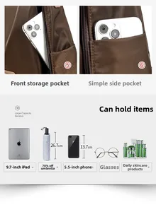 Macro view showing large capacity for 9.7 inch iPad and daily essentials in oxford bag