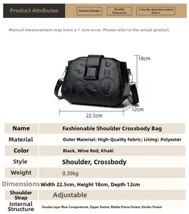 Detailed view of women's black pebble leather crossbody bag with size and structure specs