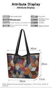 Detailed view of color-block patchwork tote bag with crocodile texture and size dimensions