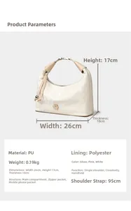 Detailed view of white marble texture PU handbag with dimensions and material specs
