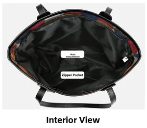 Interior view of large capacity patchwork tote bag showing main pocket and zipper section