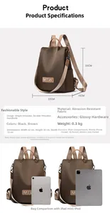 Detailed dimension guide for brown Oxford cloth backpack with size 32x33x15cm and MTW logo