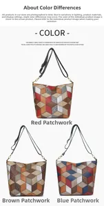 Trois sacs cabas patchwork géométriques en rouge, marron et bleu avec sangles réglables