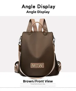 Front view of brown oxford cloth backpack for women with MTW logo and anti-theft design