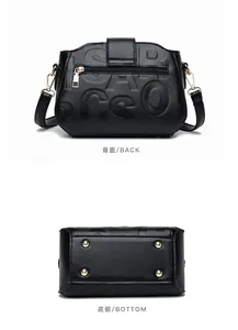 Detail view of black pebble leather handbag featuring back zipper pocket and bottom metal studs