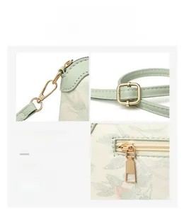 Dettaglio degli accessori dorati e del motivo floreale in pelle su questa borsa a tracolla