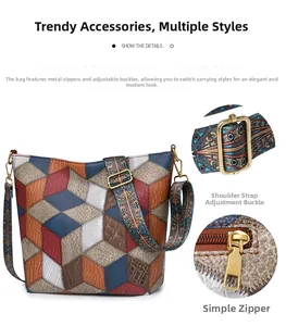 Détail du sac cabas en patchwork coloré montrant la texture cuir et les ferrures