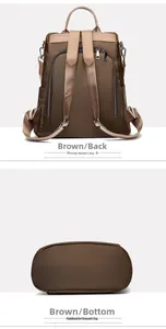 Detailed back and bottom view of brown Oxford cloth backpack featuring anti-theft zipper pocket