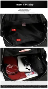 Internal structure of black oxford backpack showing main compartment and phone pocket