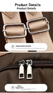 Detail view of high-quality metal adjustment buckle and zipper puller on a brown backpack