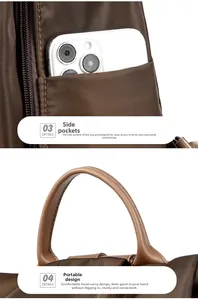 Detailed view of dark brown Oxford backpack with side pocket and sturdy leather handle