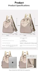 Size guide for nylon backpack showing small and large dimensions with scale comparison