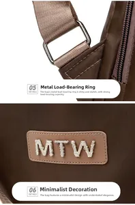 Detail of brown oxford backpack showing metal buckle and brand logo plaque