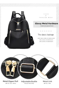 Detail view of shiny gold-tone hardware and adjustable buckles on the black nylon backpack