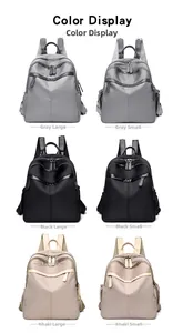 Detailed view of waterproof nylon backpacks in gray, black, pink and khaki in two sizes
