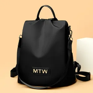 Black Oxford cloth anti-theft backpack for women with MTW logo and multi-way straps