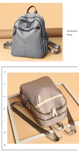 Detail view of water-resistant nylon backpack with smooth satin finish and zipper pockets