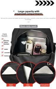 Detail view of large capacity nylon backpack with multiple functional zip pockets