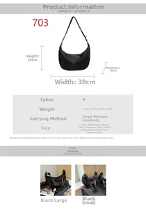 Size chart for black nylon crossbody bag showing dimensions and weight for large and small sizes