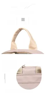 Detail of the thick padded handle and reinforced stitching on a lilac nylon backpack