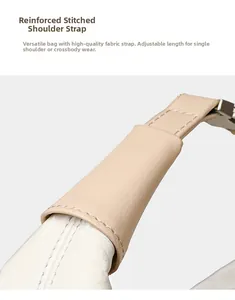 Close-up of adjustable cream leather strap with reinforced stitching and metal buckle