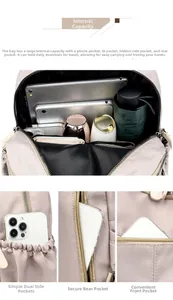 Detail view of nylon backpack storage featuring multiple inner pockets and anti-theft design