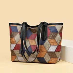 Women Fashion Patchwork Tote Bag Large Capacity PU Leather Shoulder Bag Geometric Multi Texture Retro Chic Travel Handbag