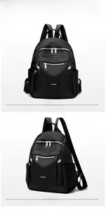 Detail of black oxford backpack showing zippers, side pockets, and colorful strap accents