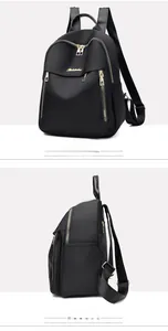 Detailed side views of a black nylon backpack featuring gold zippers and side pockets