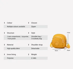 Technische diagram van gele mini crossbodytas met afmetingen en interne opbergvakken