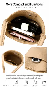 Detailed view of the mini beige leather crossbody phone bag showing large storage capacity