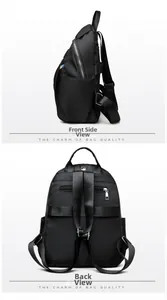Detail of black oxford backpack showing back anti-theft pocket and luggage strap