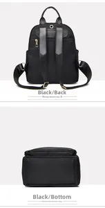 Detail view of the backpack back straps and bottom base in black Oxford fabric