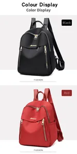 Front detail of black and red oxford fabric backpacks with stylish gold zipper hardware