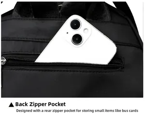 Detail view of the secure anti-theft back zipper pocket on black oxford fabric backpack