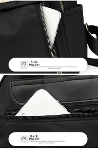Detailed view of back anti-theft zipper pocket and side pocket of black nylon backpack