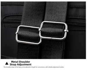 Close-up of durable silver metal adjustment buckles and black nylon shoulder straps