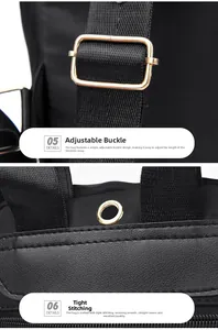 Detail of golden metal adjustment buckle and precise stitching on black oxford backpack