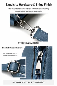 Detailansicht der blauen Tasche mit Ledernarbung und glänzenden dunkelgrauen Metallteilen