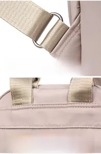 Macro view of nylon backpack detailing silver hardware and reinforced stitching work