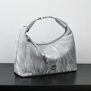 Fashion Women Wrinkled PU Leather Dumpling Bag With Flower Pendant Metallic Shoulder Underarm Crossbody Handbag Daily Use