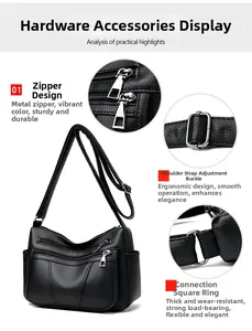 Detail view of black textured leather bag featuring multiple zipper pockets and silver hardware