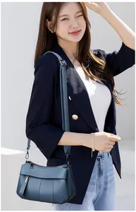 Blaue Umhängetasche aus weichem Leder mit Lychee-Muster für Damen und Metall-Reißverschluss