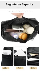 Macro view of multi-compartment interior and functional pockets of black leather crossbody bag