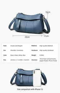 Blaue Umhängetasche aus Leder Maße 23x16x11cm und Innenausstattung der weichen Tasche