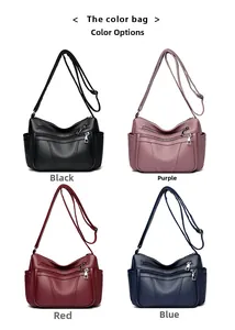 Detail view of large capacity soft leather bags in black, purple, burgundy, and blue